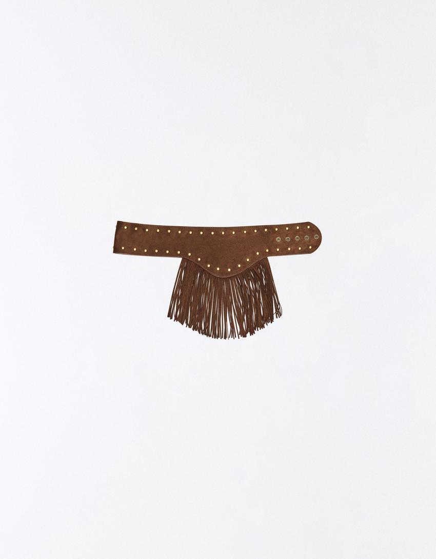 Faux suede belt with fringing-Brown