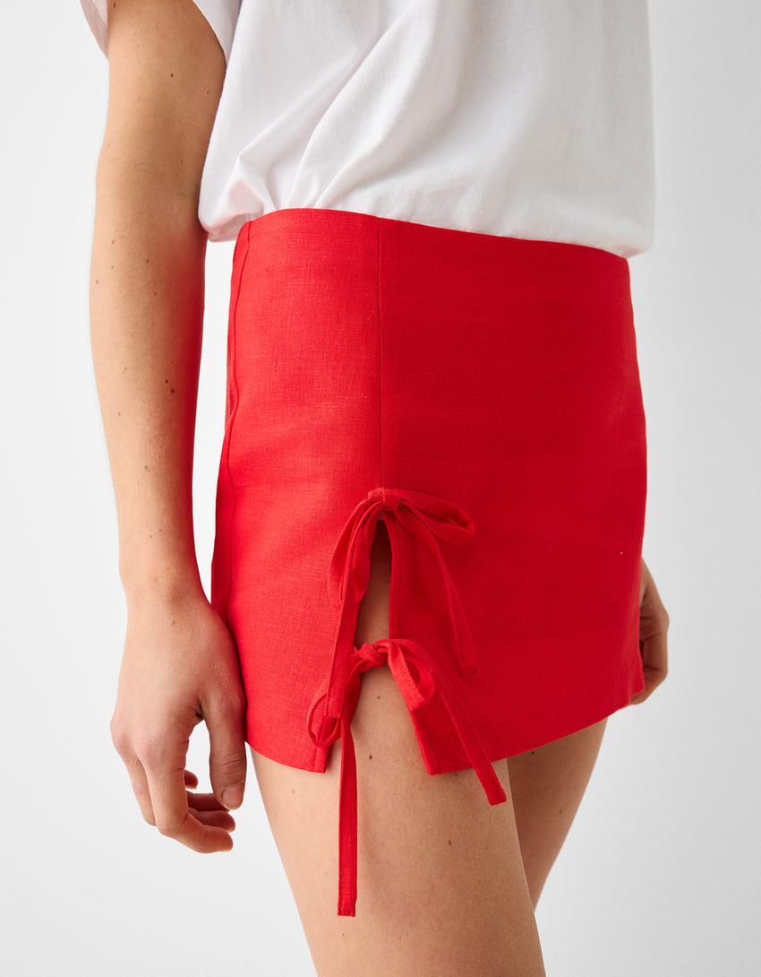 Mini skirt with linen and ties-Red-3
