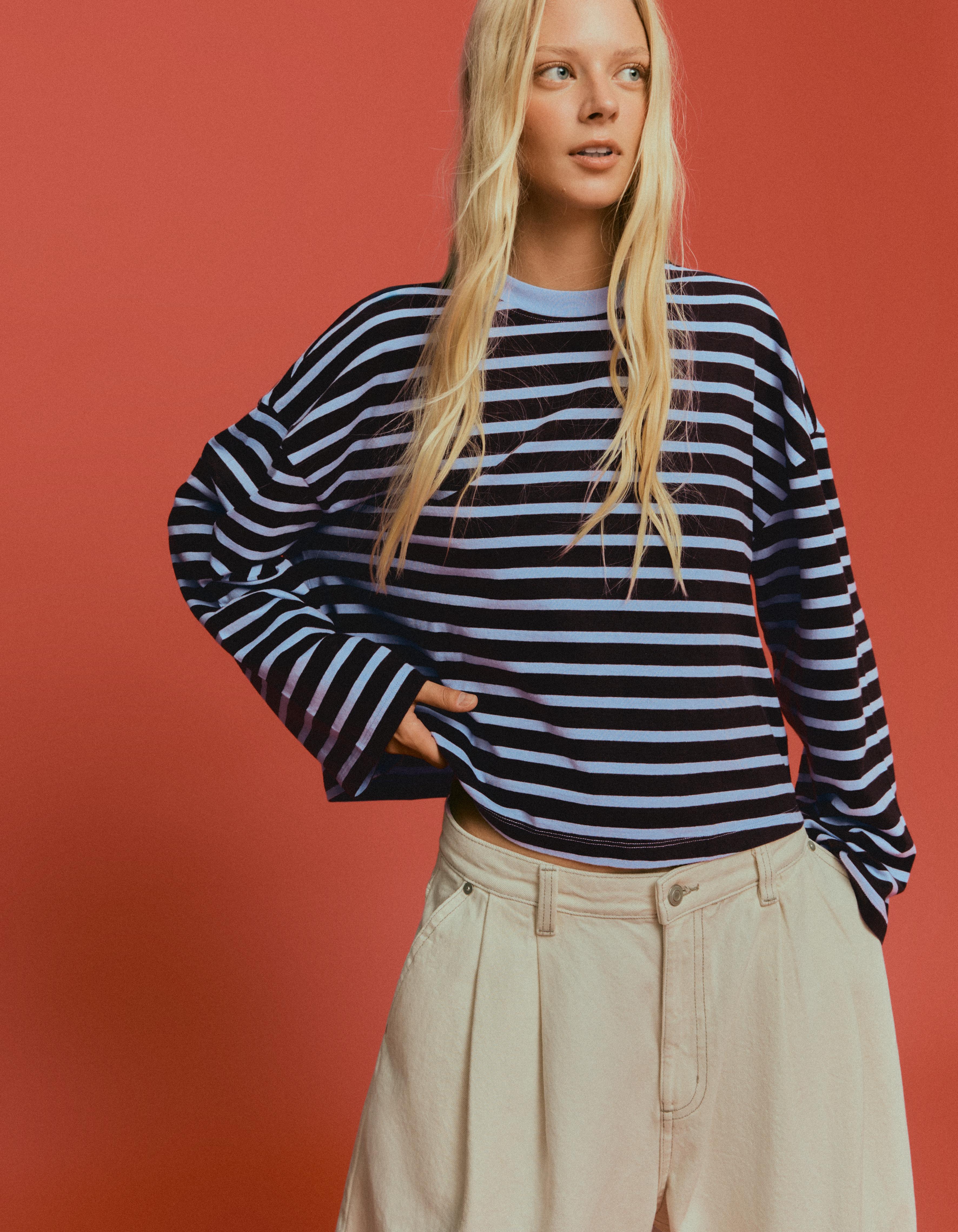 Striped boxy long sleeve T-shirt — Brown