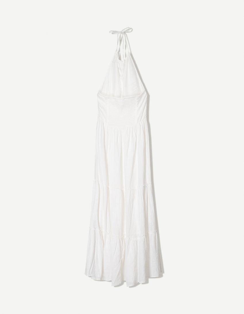 Vestido midi cuello halter volantes-Blanco