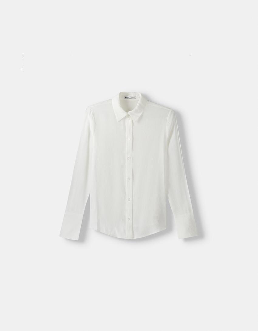 قميص كريب ضيق بأكمام طويلة-أبيض مطفي-4