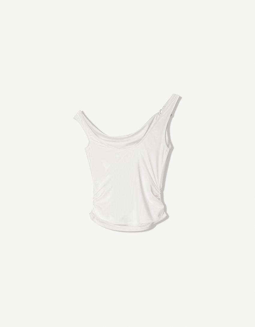 Asymmetric strappy t-shirt-Cream-3
