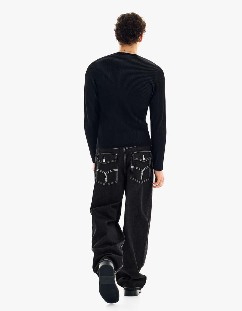 İşlemeli super baggy fit jean-Siyah