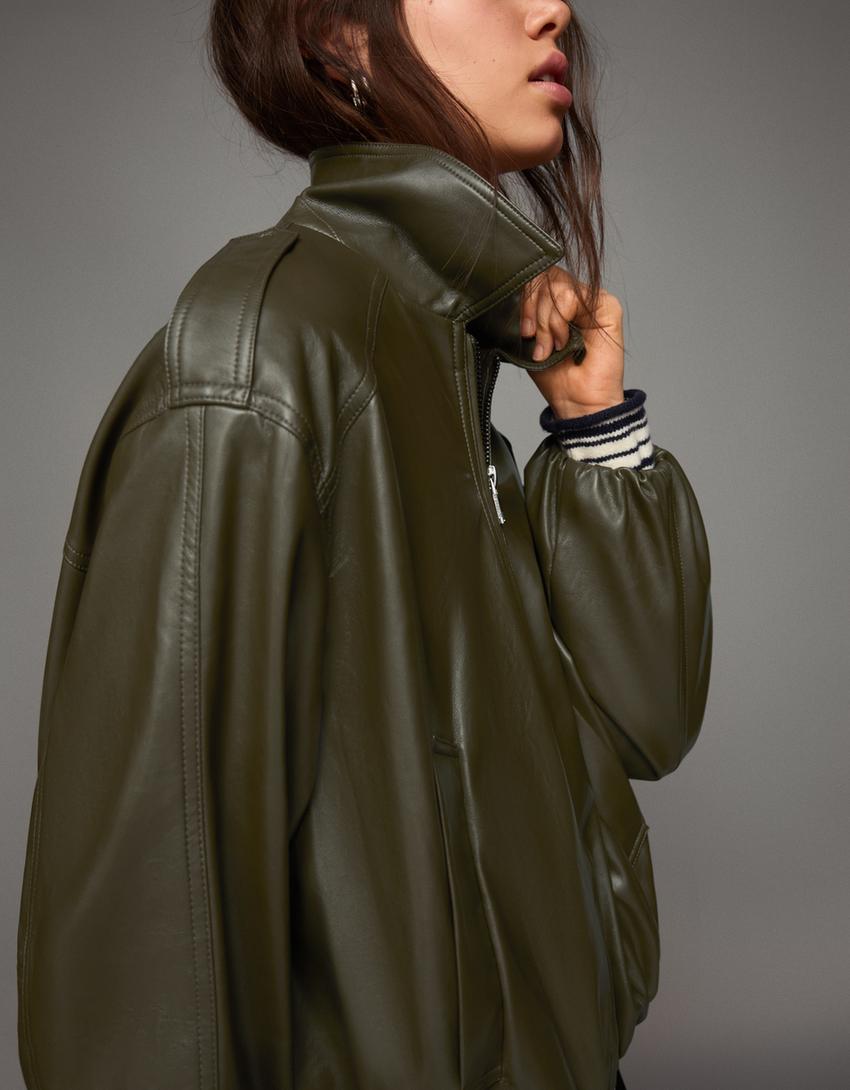 Leather effect balloon jacket-Khaki