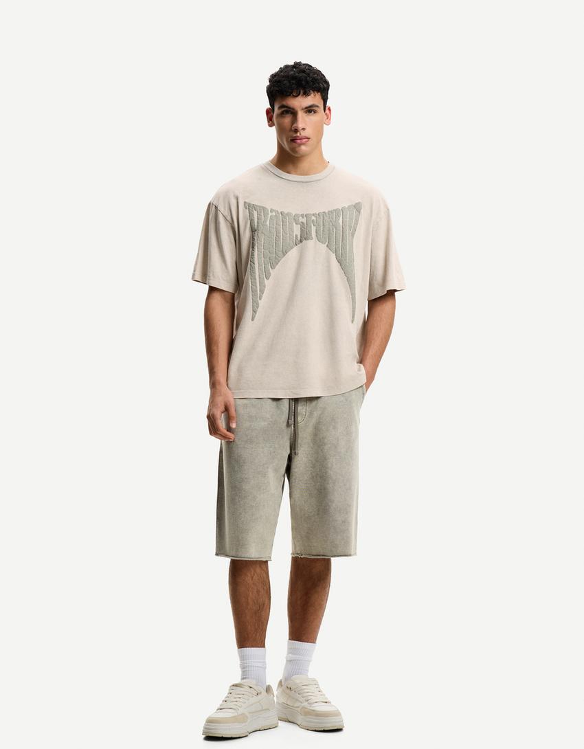 Tricou mânecă scurtă oversize print-Gri-3