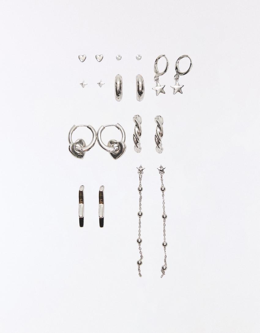 Pack of 9 mixed earrings-Silver