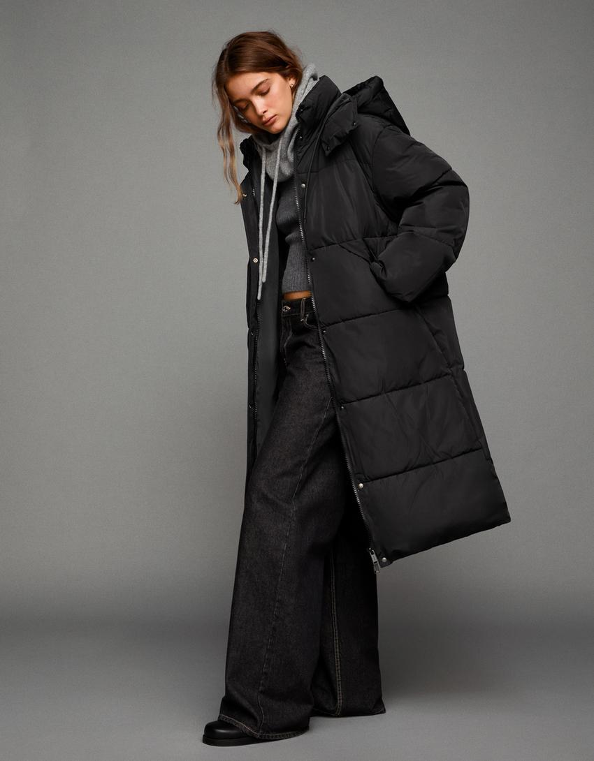 Long hooded puffer coat-Black