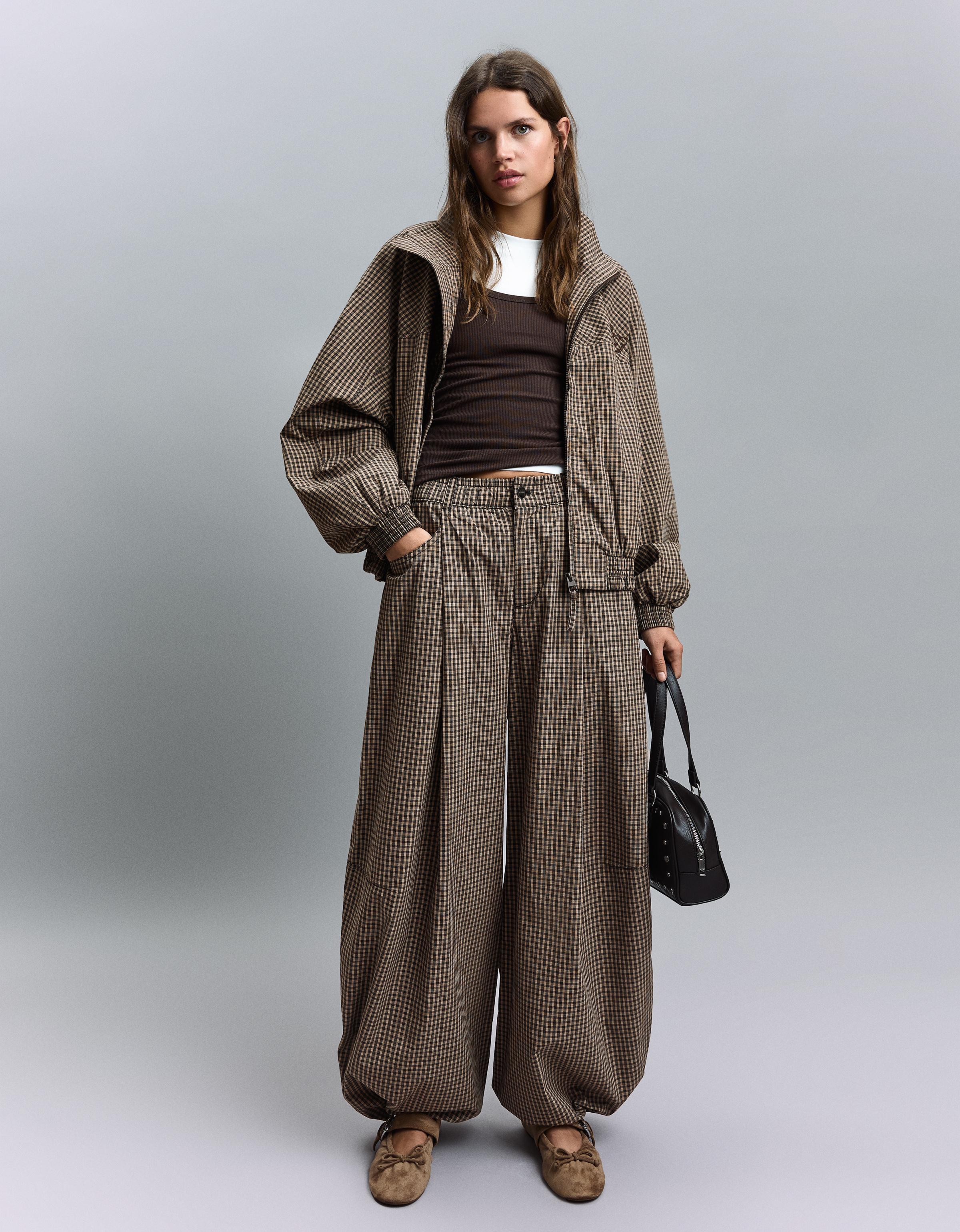 Pantalón Parachute Cuadros Mujer Xl Camel