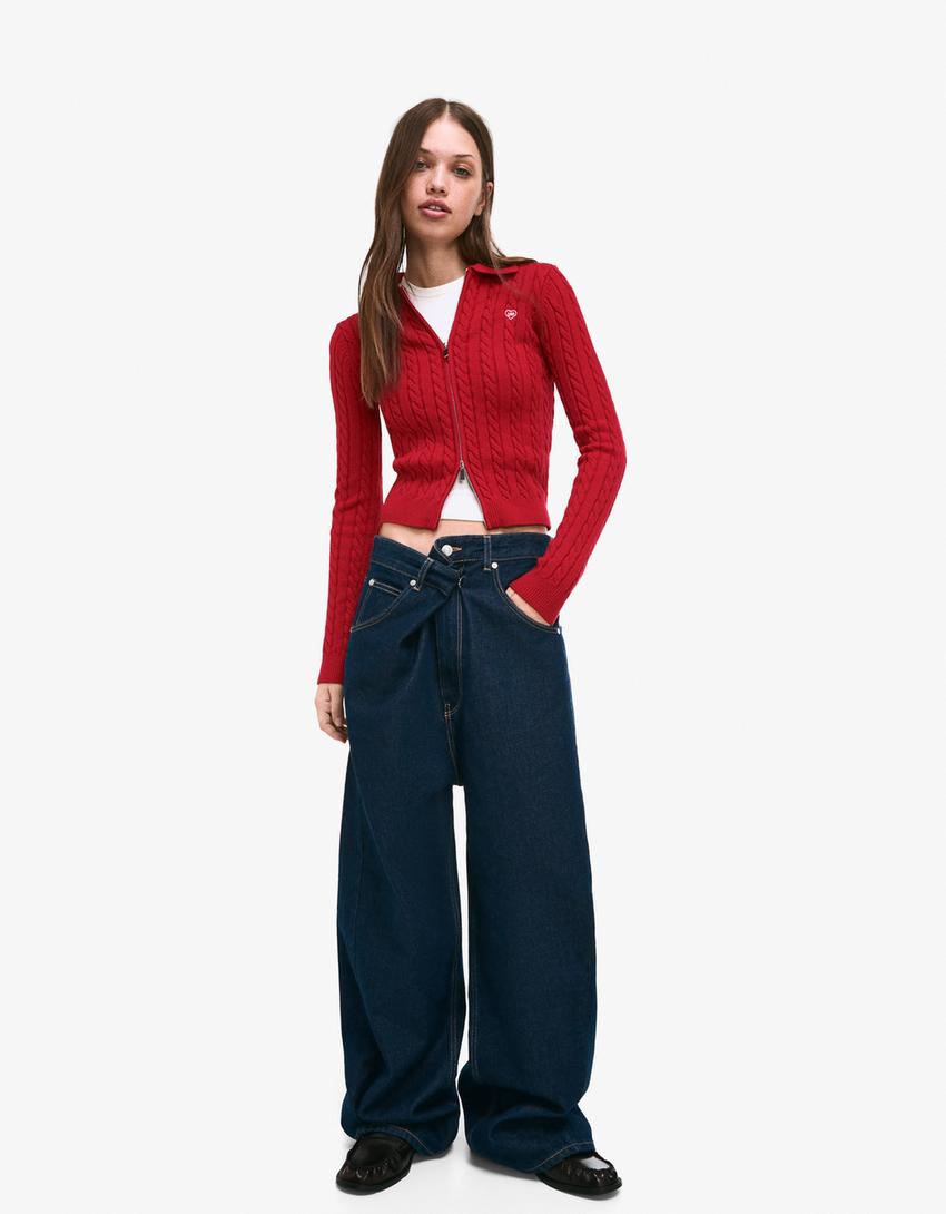 Cable-knit polo collar cardigan-Red