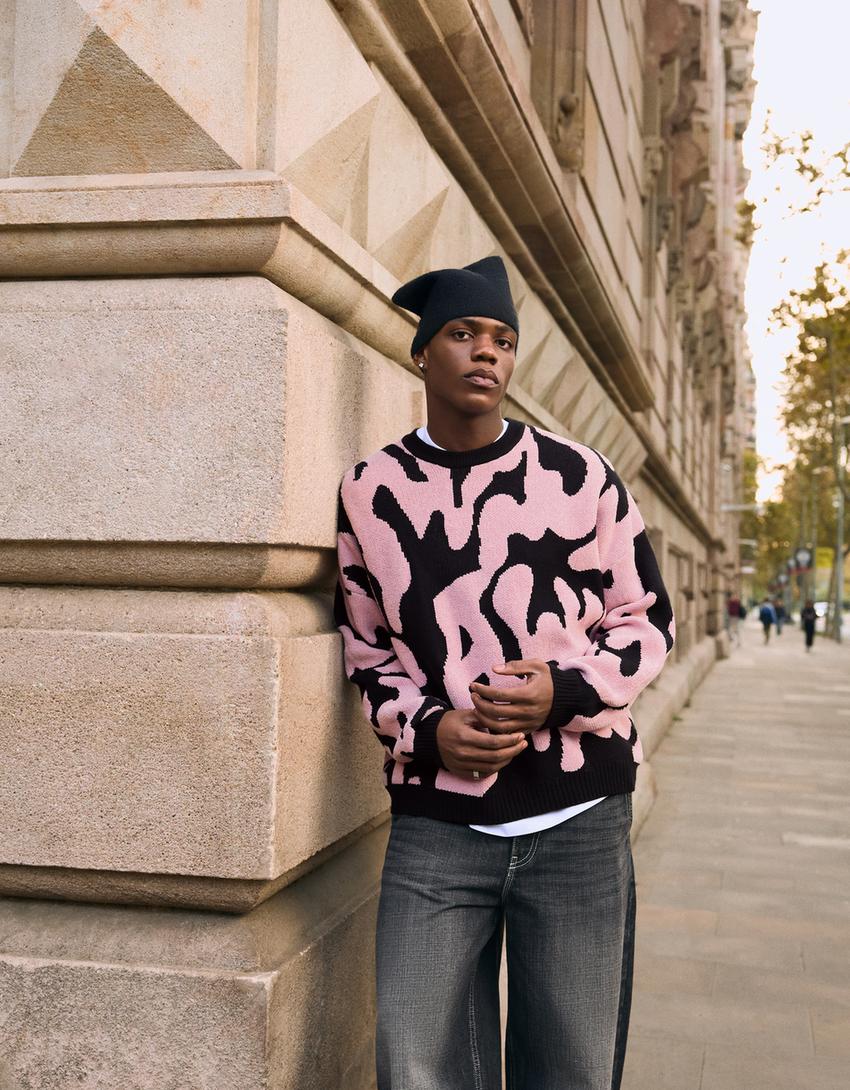 Pulover chenille print-Roz