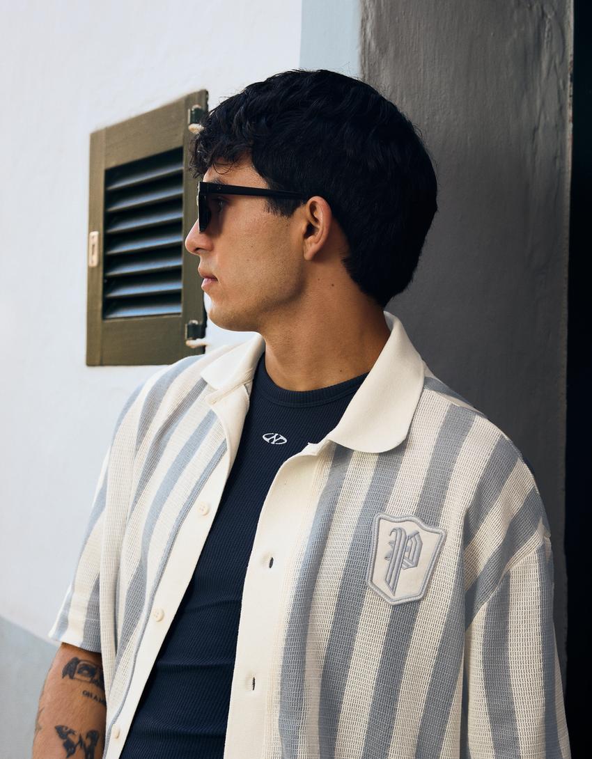 Short sleeve stripe patch shirt-Light blue