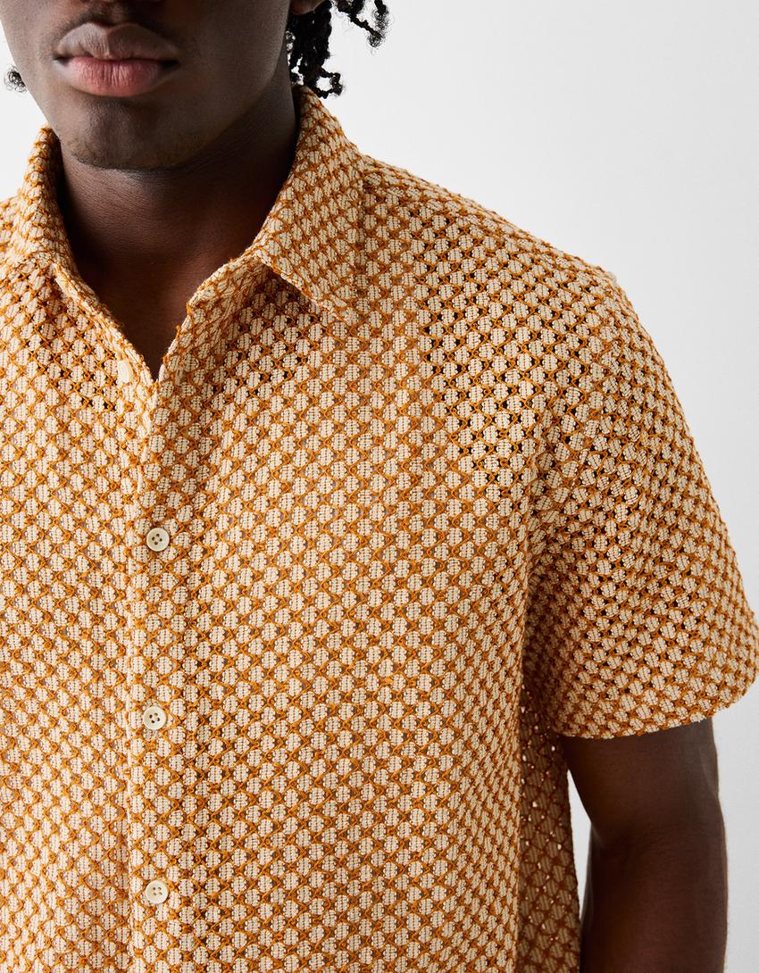 قميص ريفي بأكمام قصيرة وحياكة مفتوحة-برتقالي-6