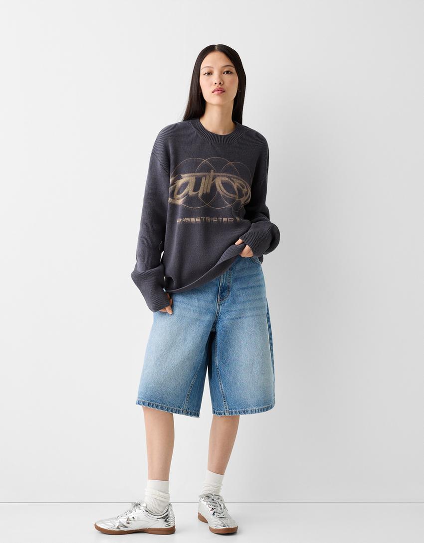 Pull maille côtelée imprimé-Gris foncé-3