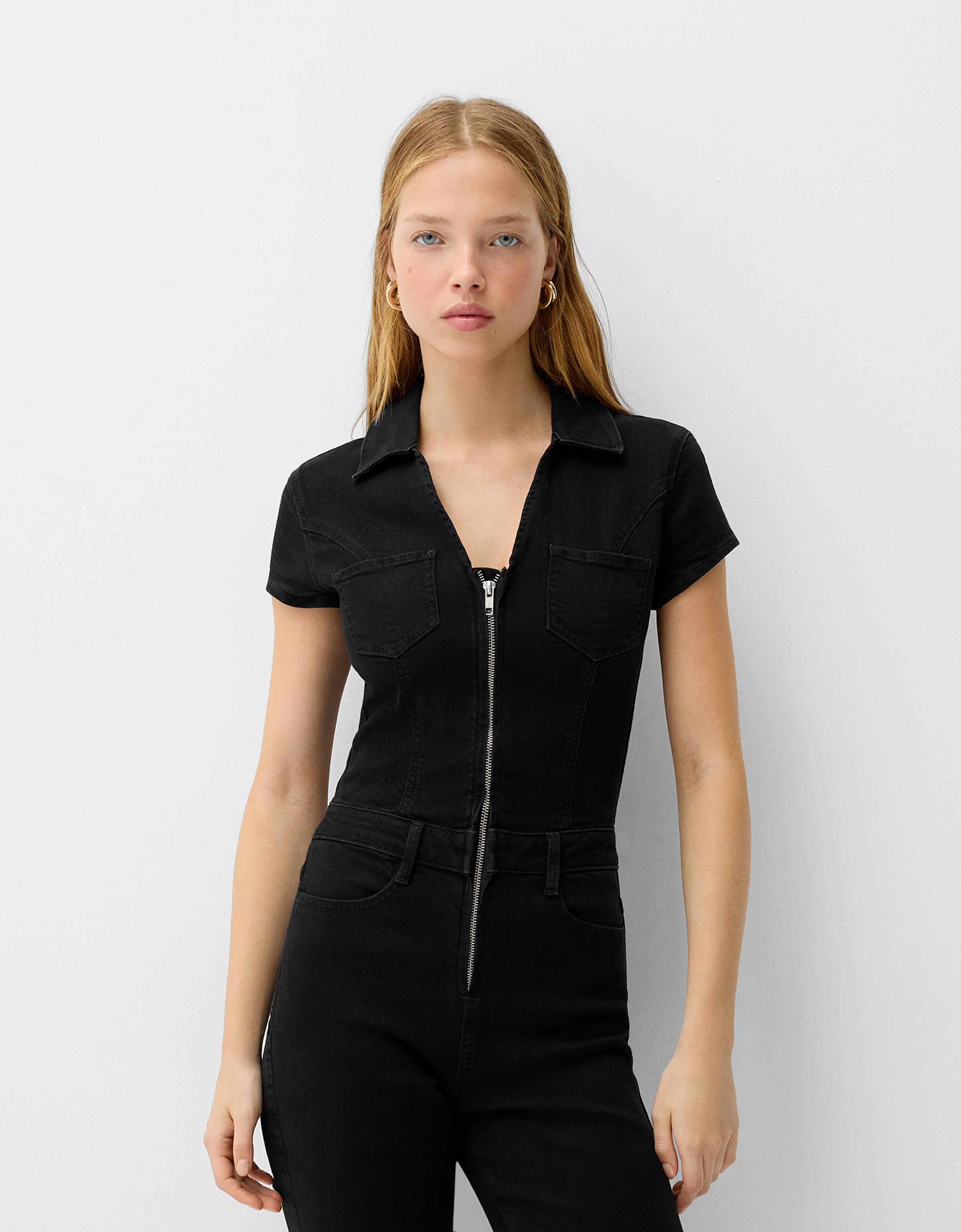 Bershka Jeans-Jumpsuit Mit Kurzen Ärmeln Damen Xs Schwarz