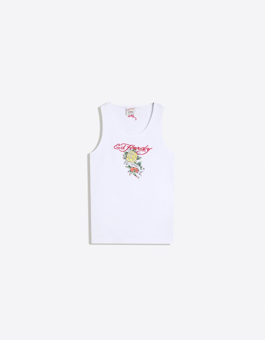 ED HARDY X BERSHKA print vest top-White