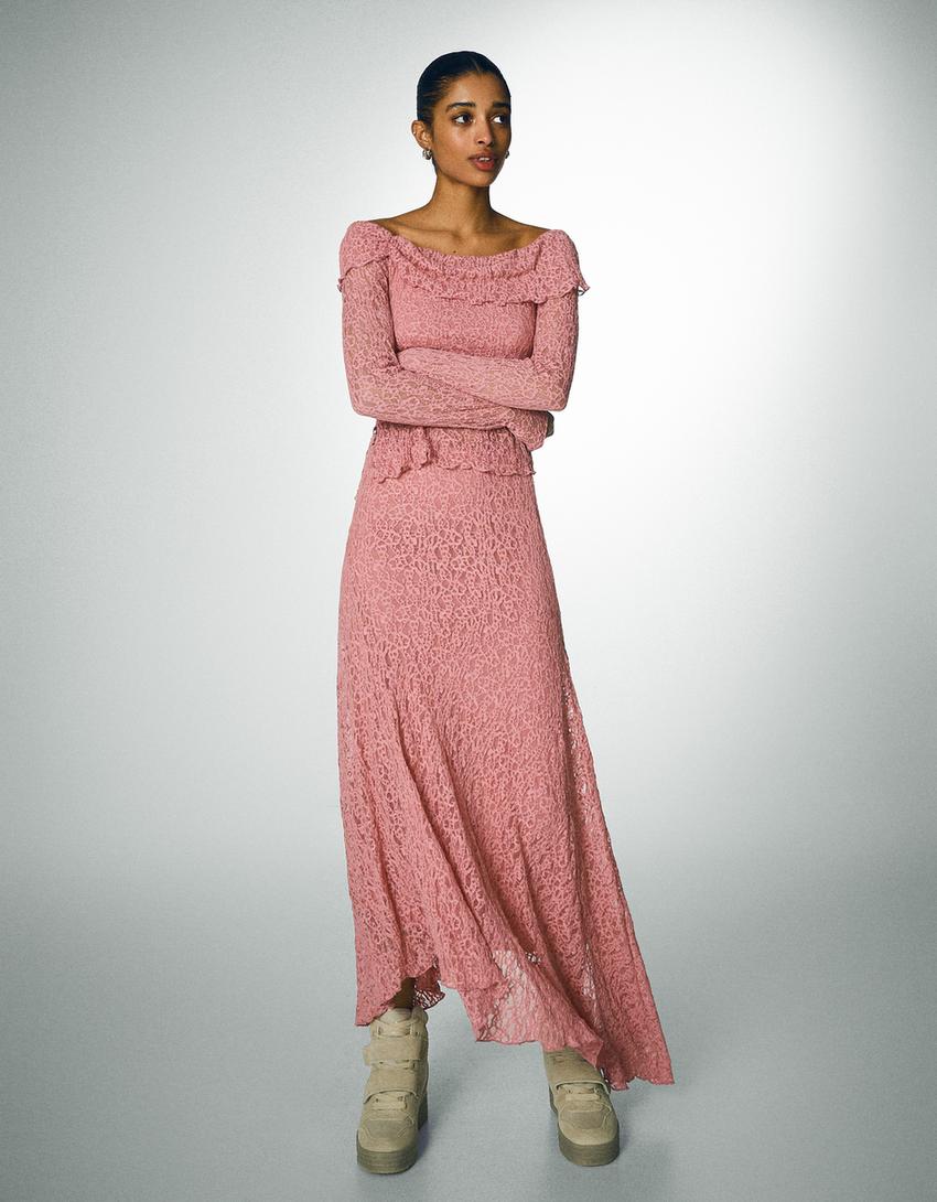 Jupe midi lacée-Rose-0