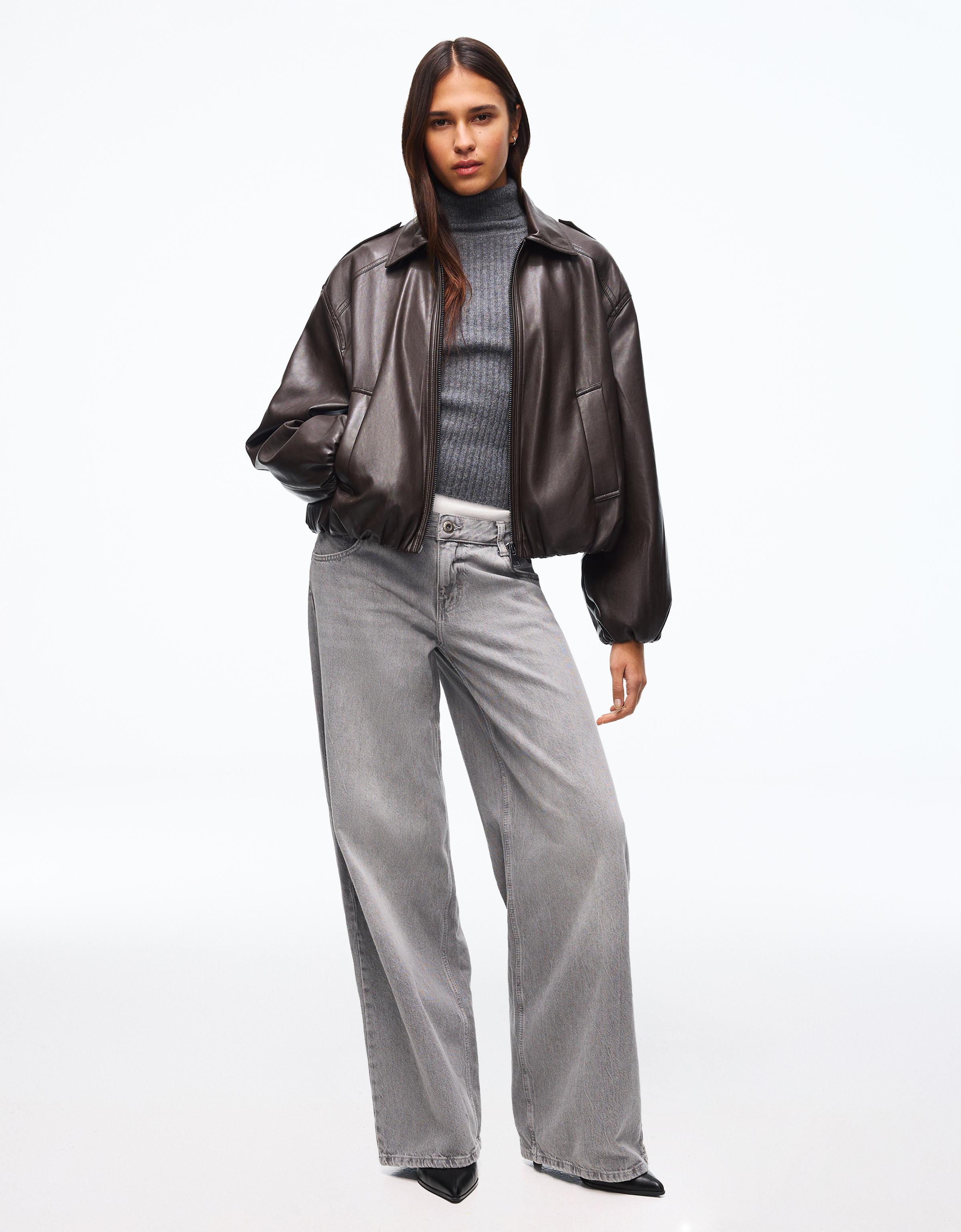 Leather effect puffer jacket — Brown