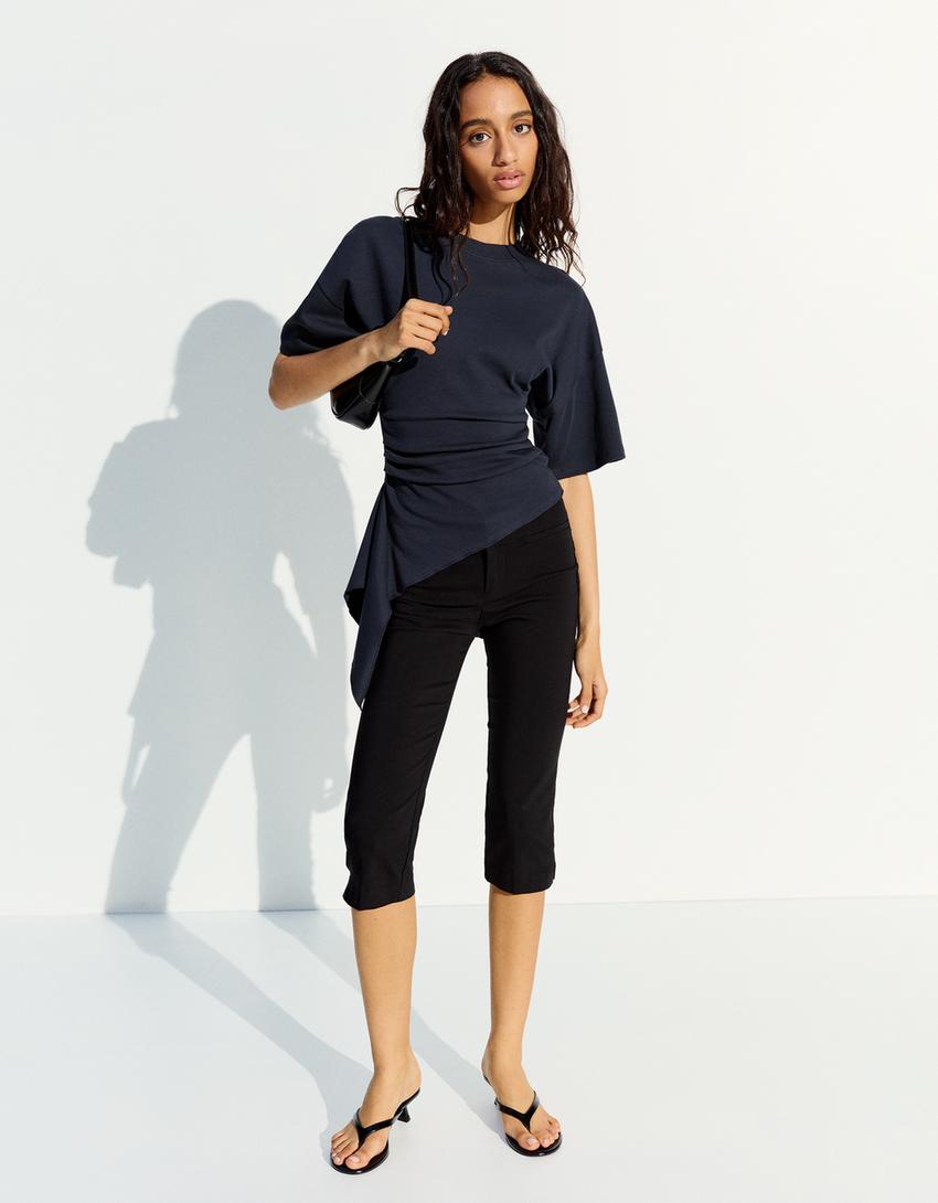 Short sleeve T-shirt with gathering-Navy