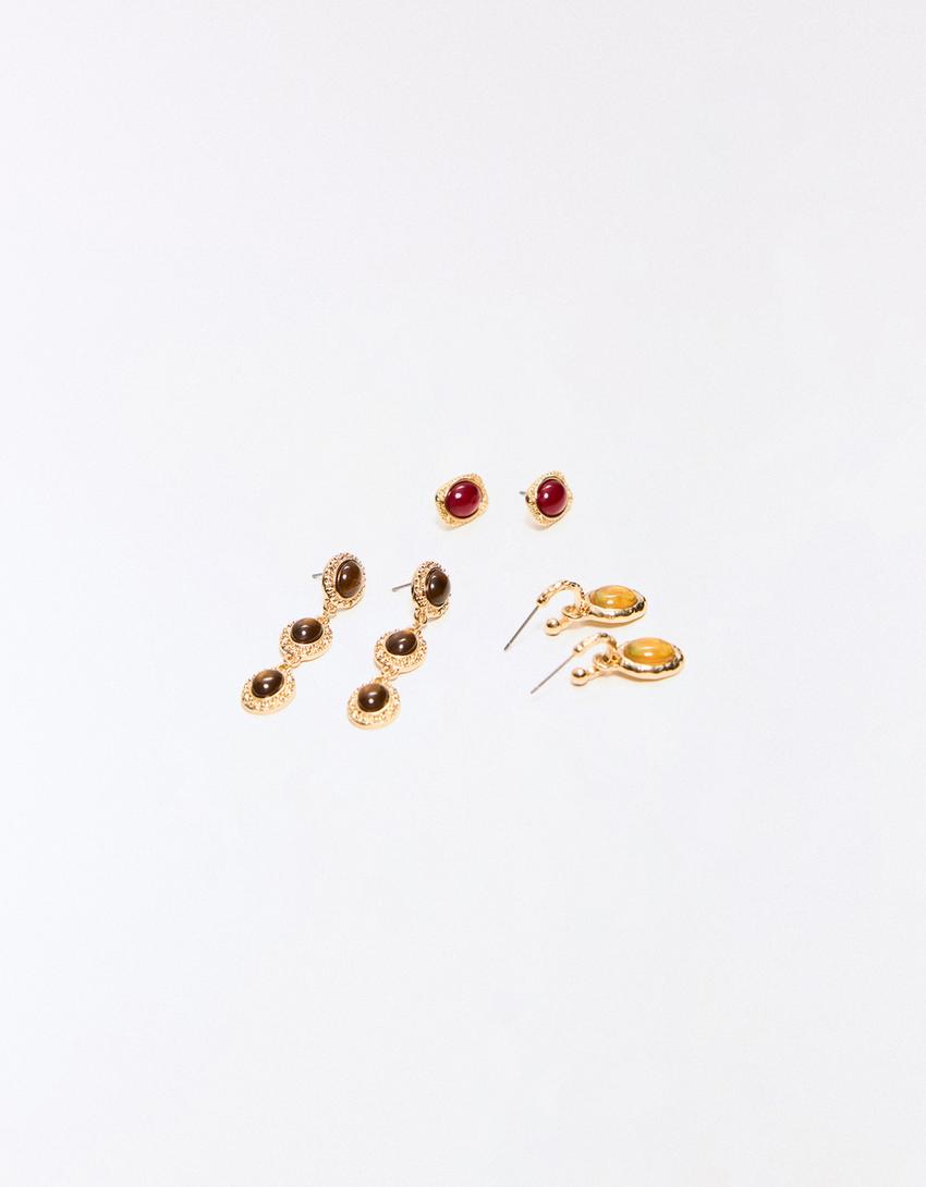 Pack of 3 waterfall stone earrings-Brown