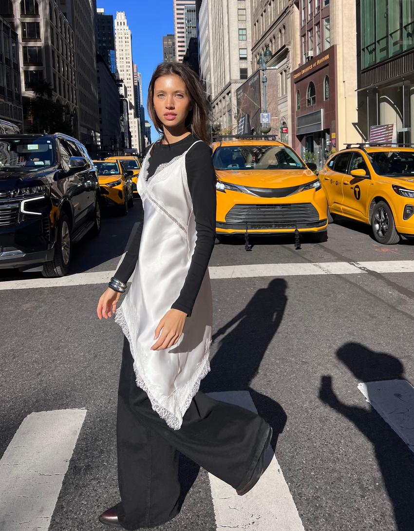 Vestido tirantes satén asimétrico-Crudo