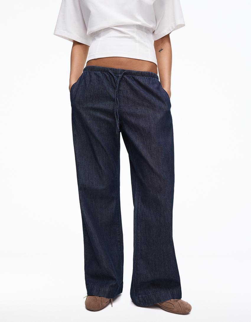Flared jeans with elasticated waist-Navy