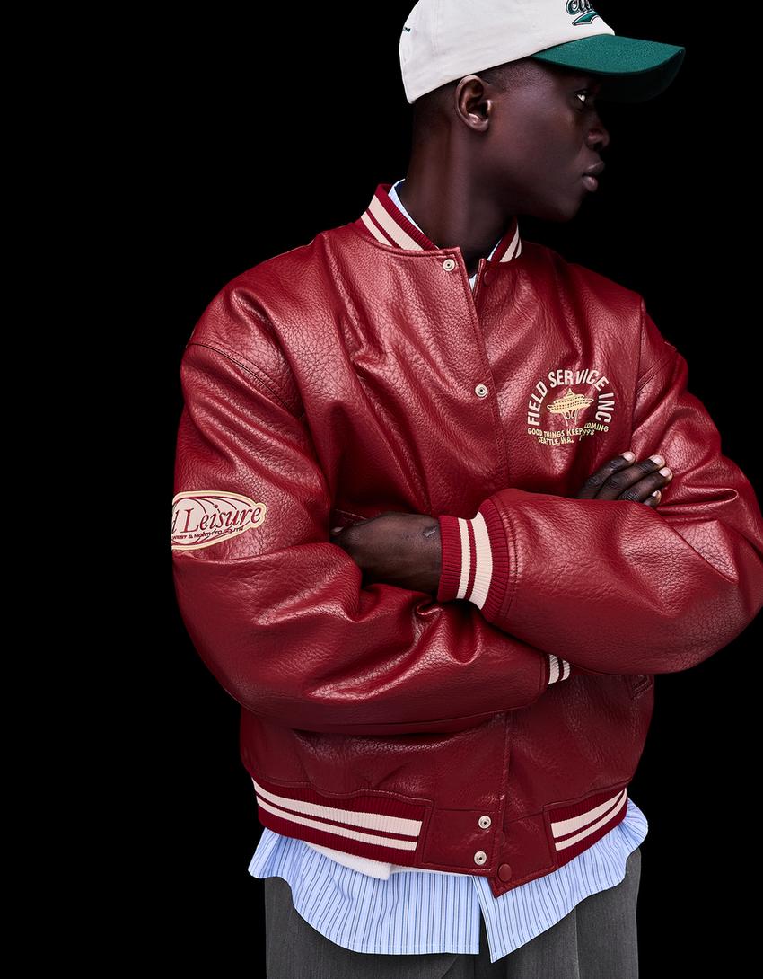 Printed leather effect bomber jacket-Red