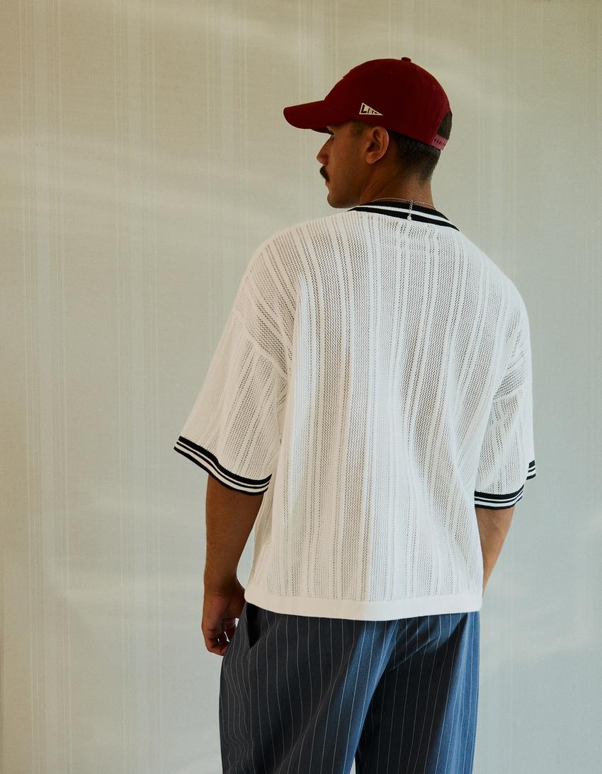 V-neck retro sport T-shirt-Off white