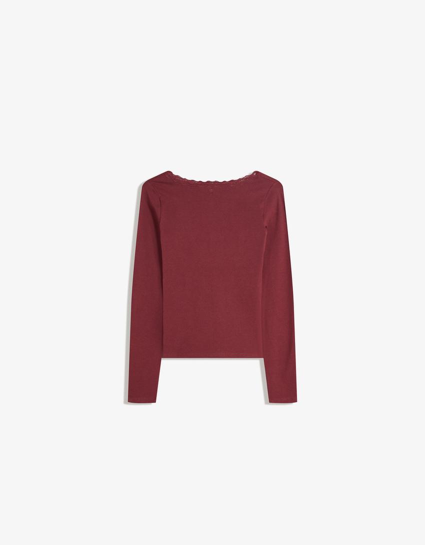 Long sleeve lace T-shirt-Burgundy