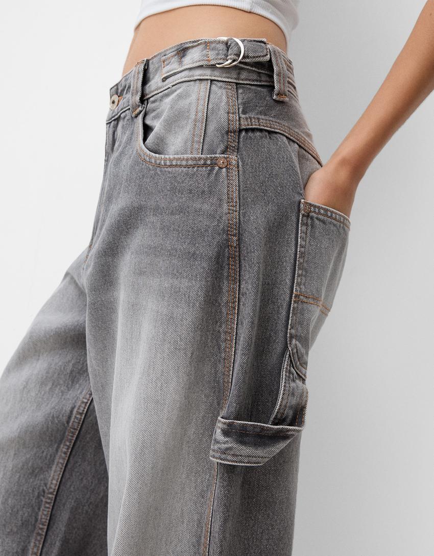 Jeans wide leg balloon carpinteiro-Cinza-5