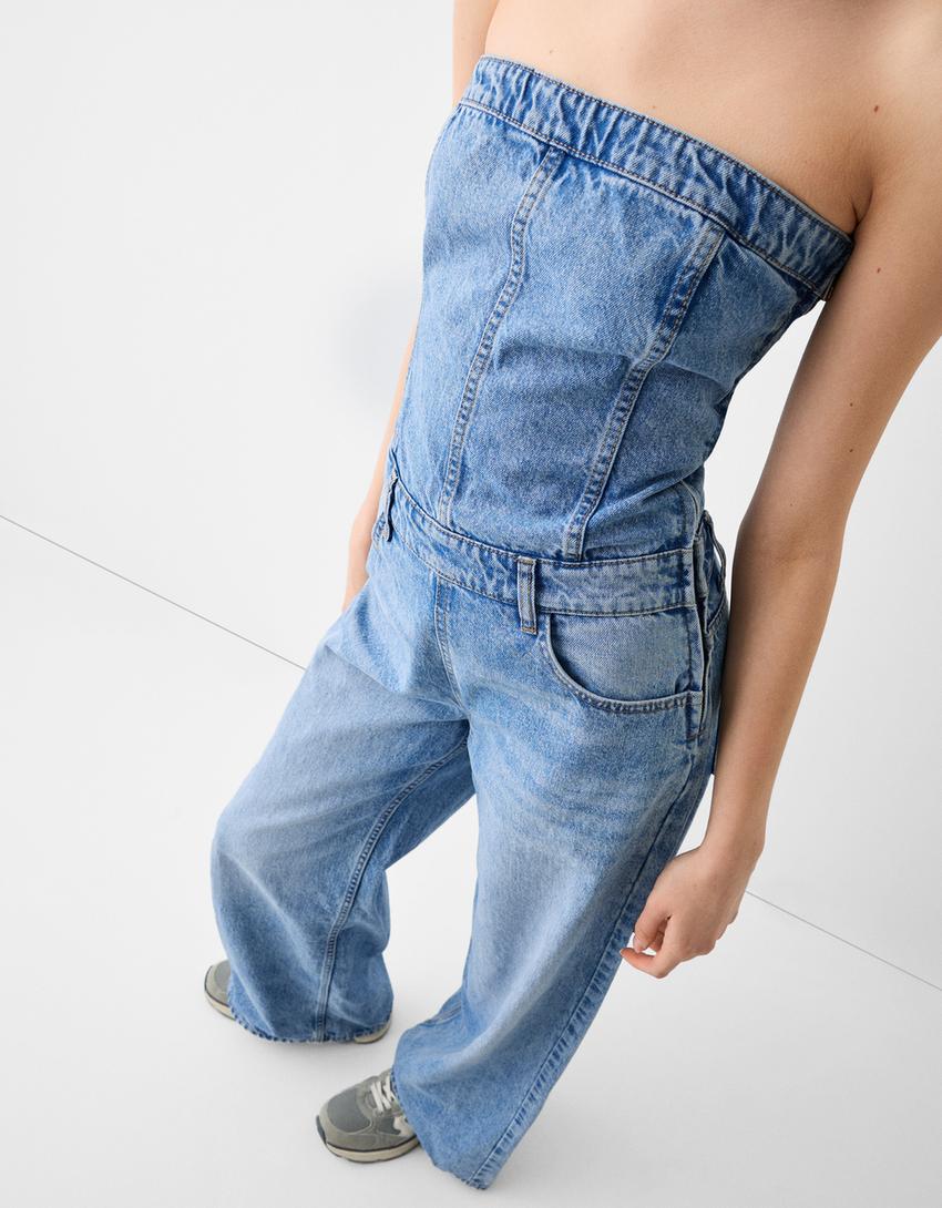 Denim wide-leg bandeau jumpsuit-Light blue-5