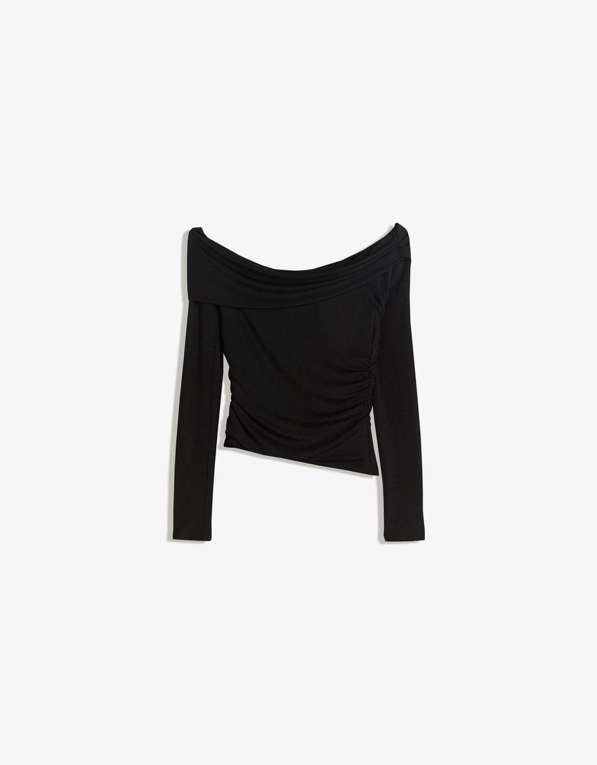 Top bardot structurat cu sclipici-Negru