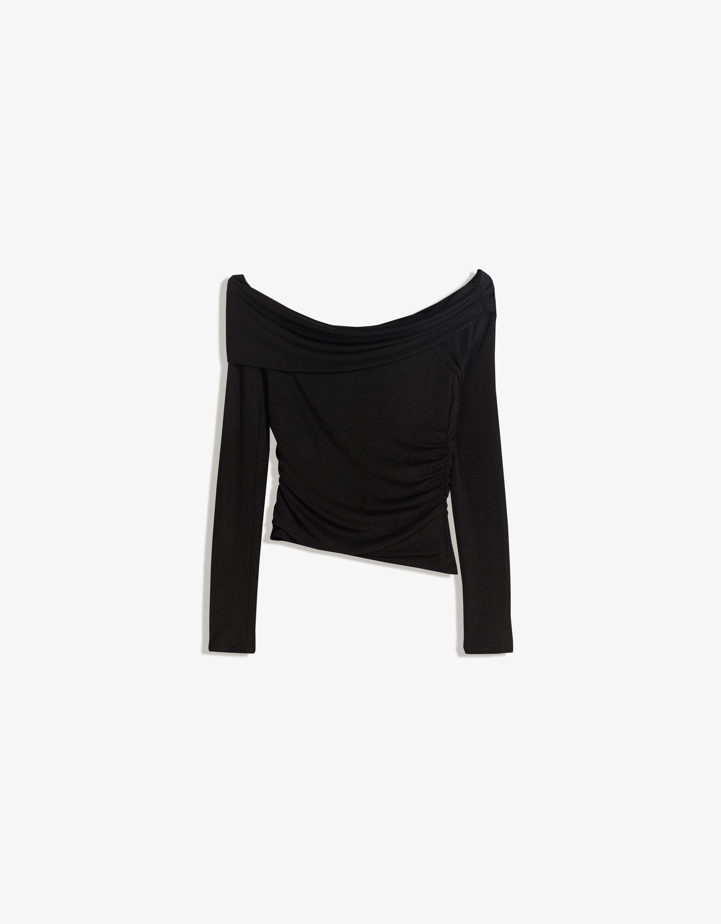 Bershka błyszczący top bardot ze strukturą czarny