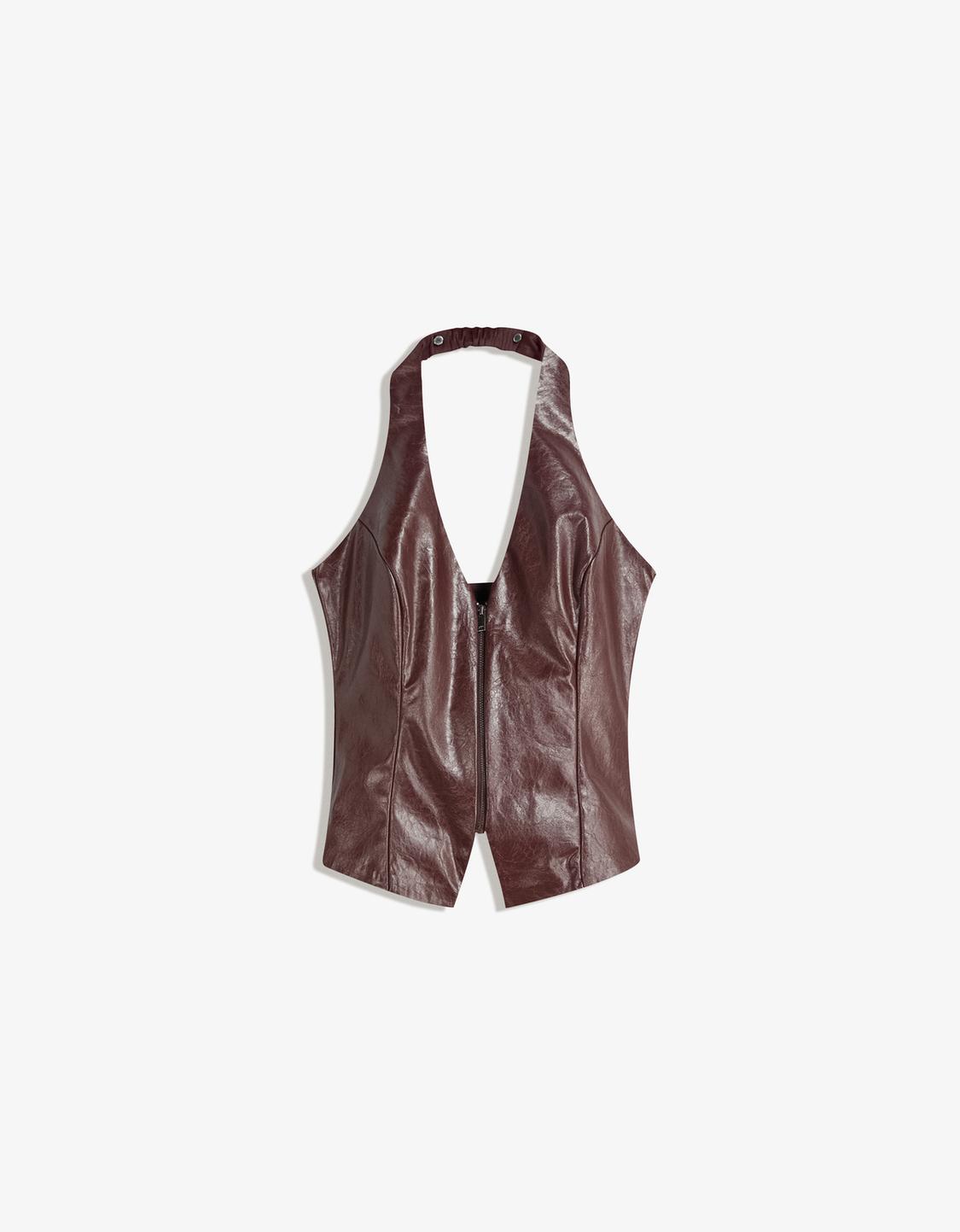 Leather effect halter top with zip