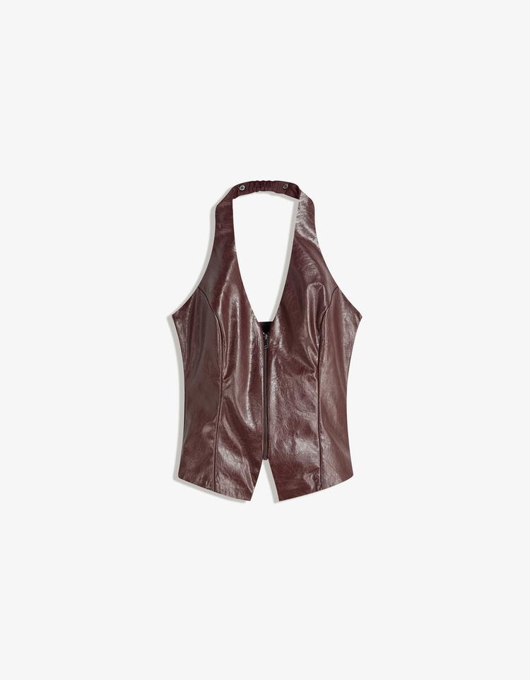 Leather effect halter top with zip