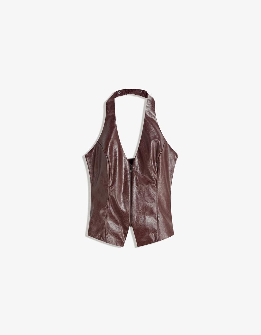 Leather effect halter top with zip-Violet-3