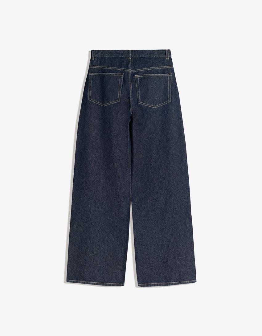 Jeans wide leg taille croisée-Marine