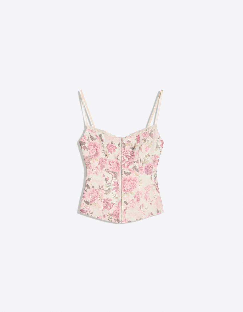 Çiçekli korse askılı top-Pembe