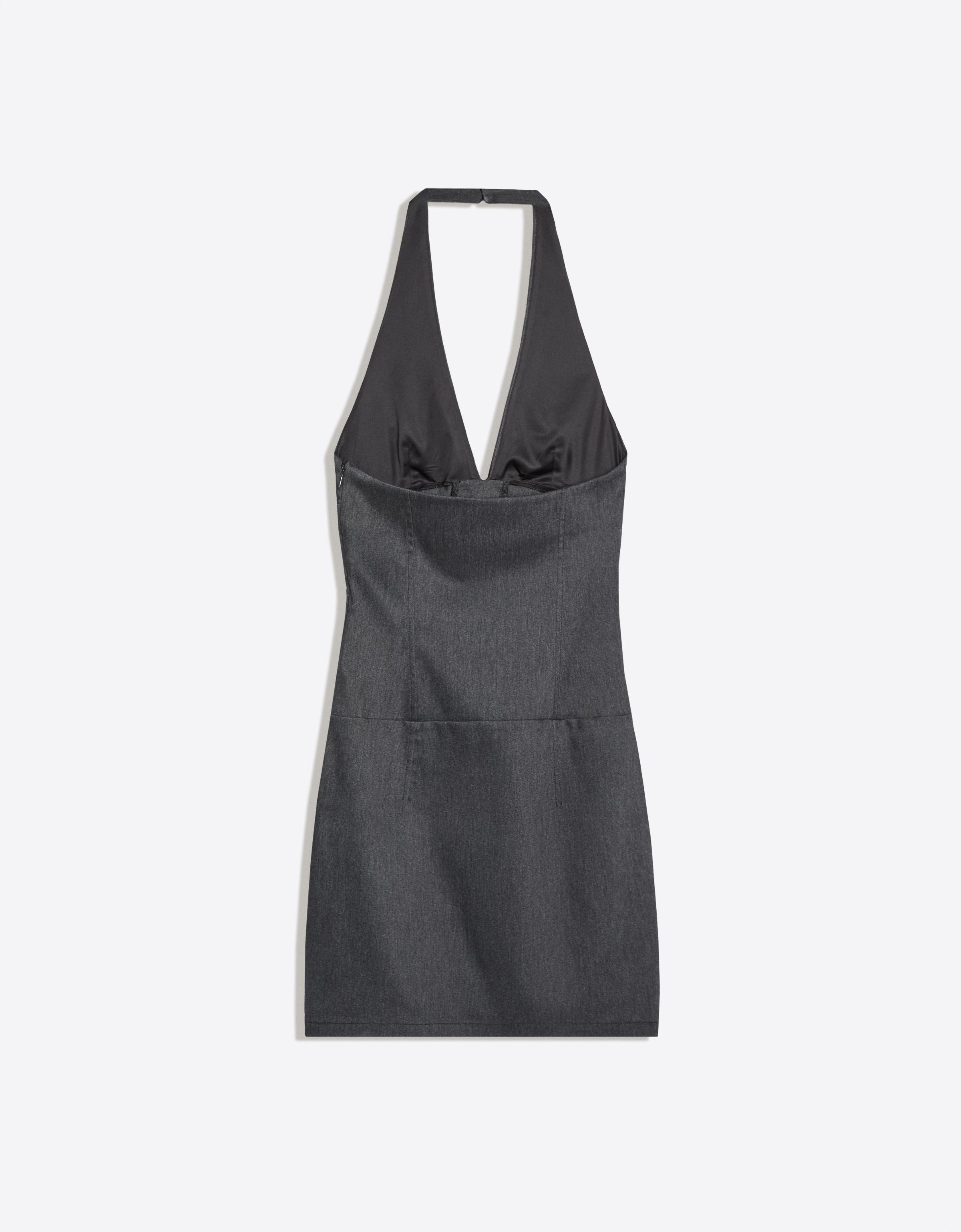 Mini halter dress in twill with corset effect and bow — Dark blue