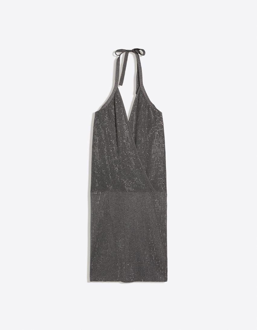 Mini halter parlak elbise-Gri