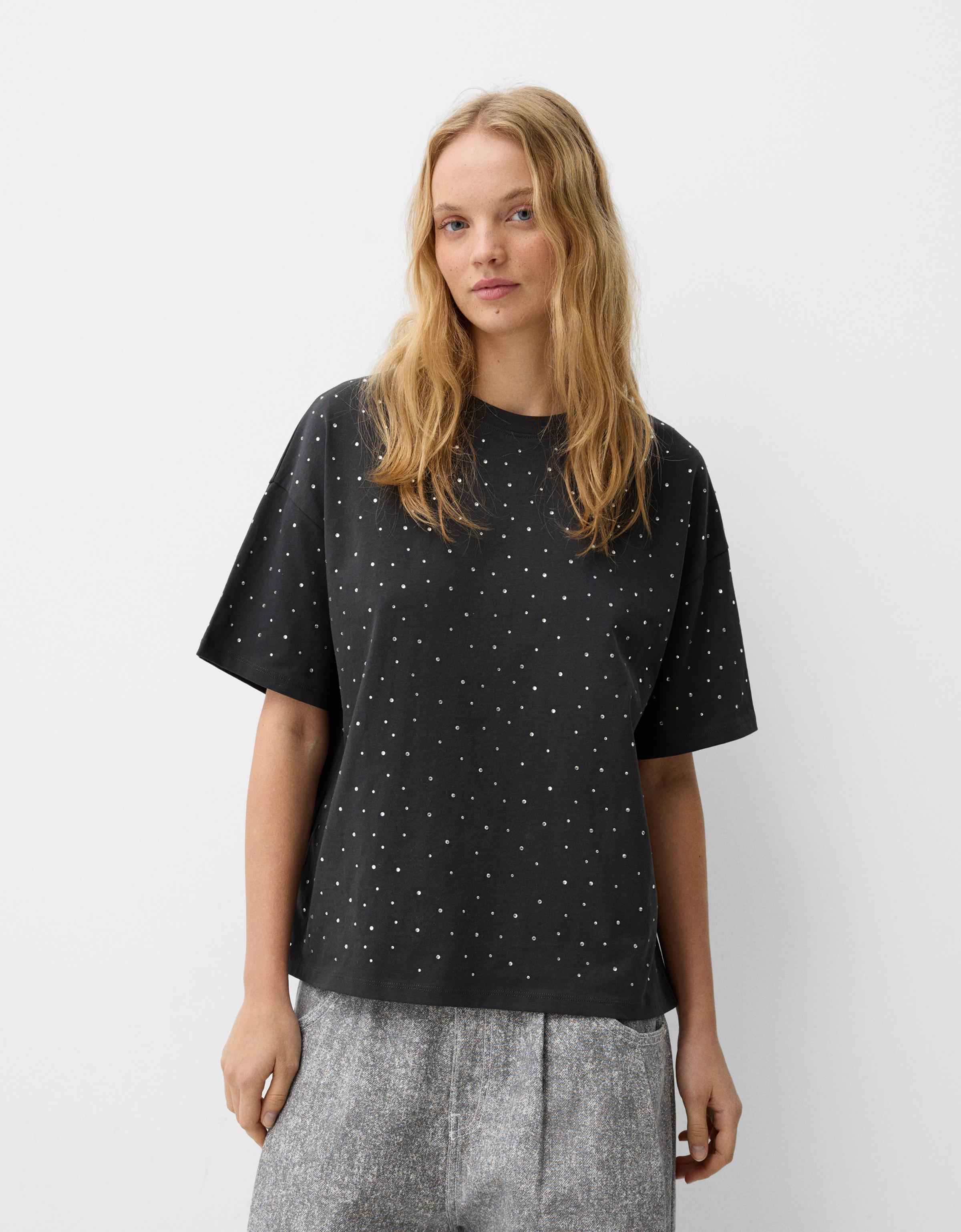 Bershka Kurzärmeliges Oversize-T-Shirt Mit Strass Damen S Dunkelgrau