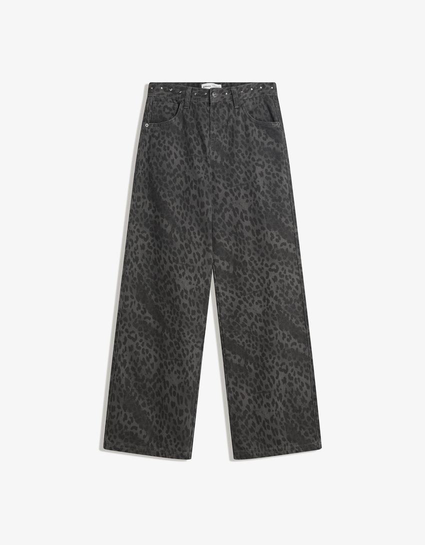 Straight-Leg-Hose im Animalprint mit Nieten-Dunkelgrau-3