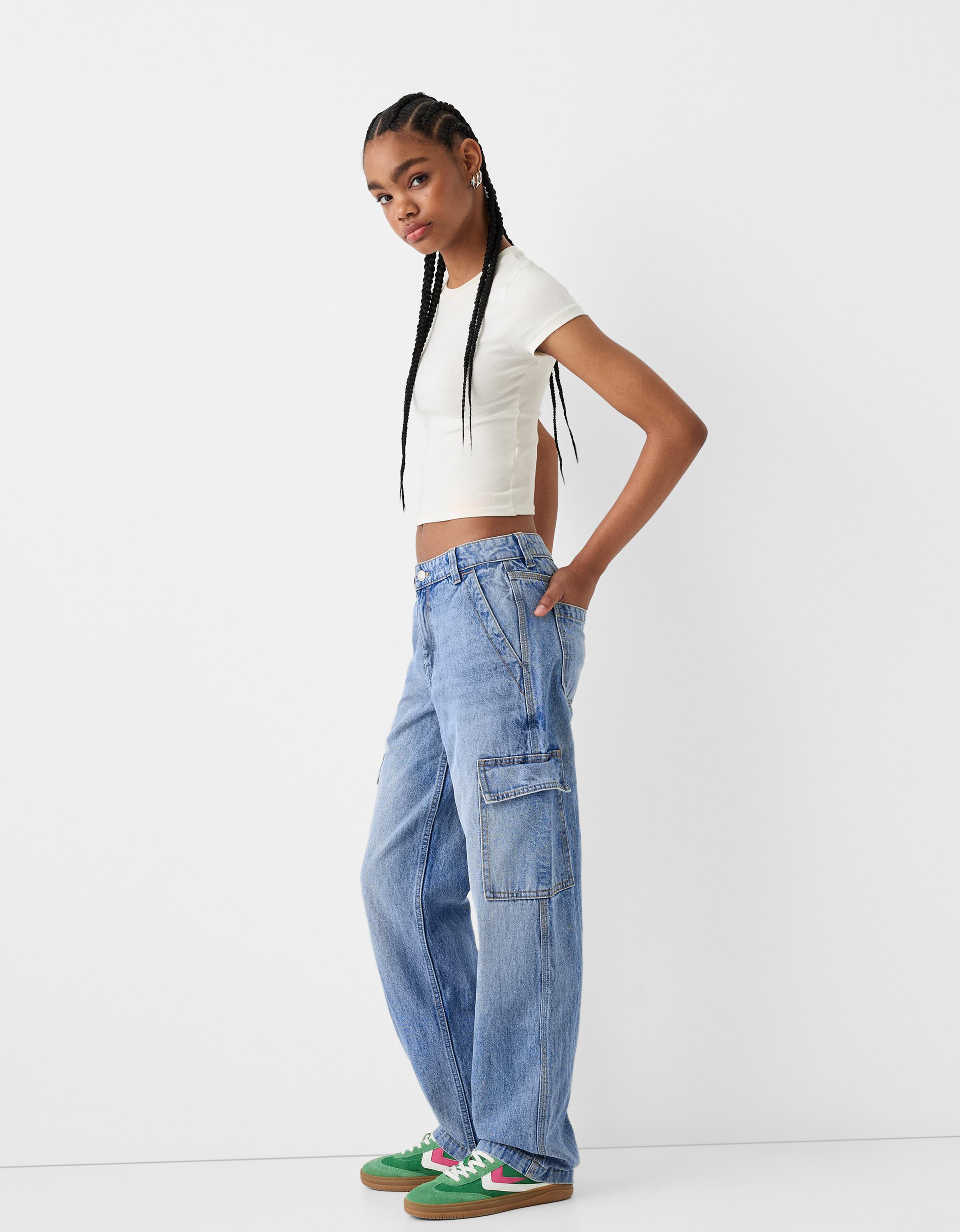 Jeans straight cargo Mujer Bershka