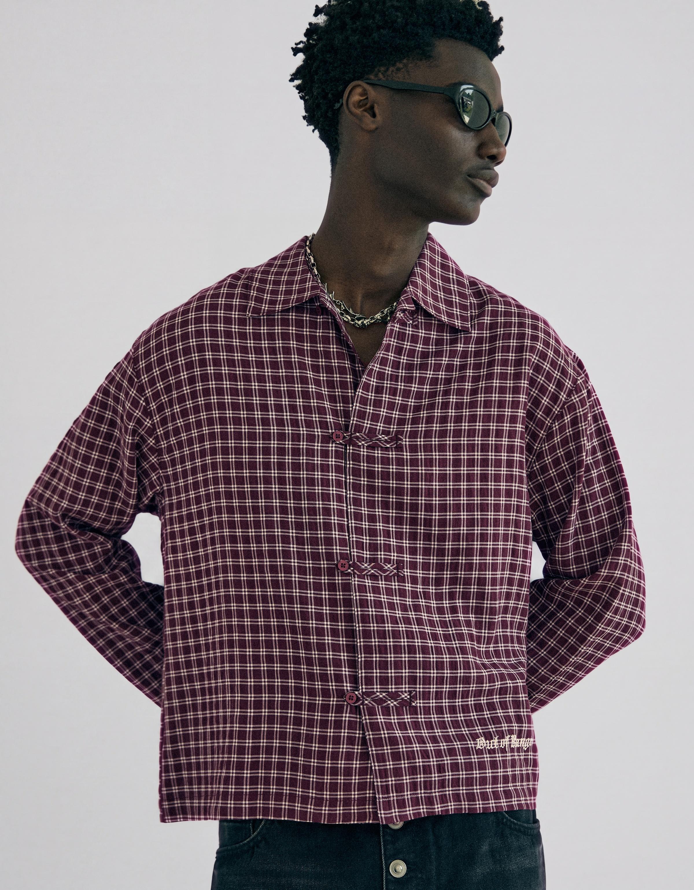 Check long sleeve shirt with clasps — Maroon