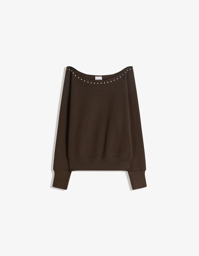 Asymmetrischer Sweatshirt mit Nieten-Braun