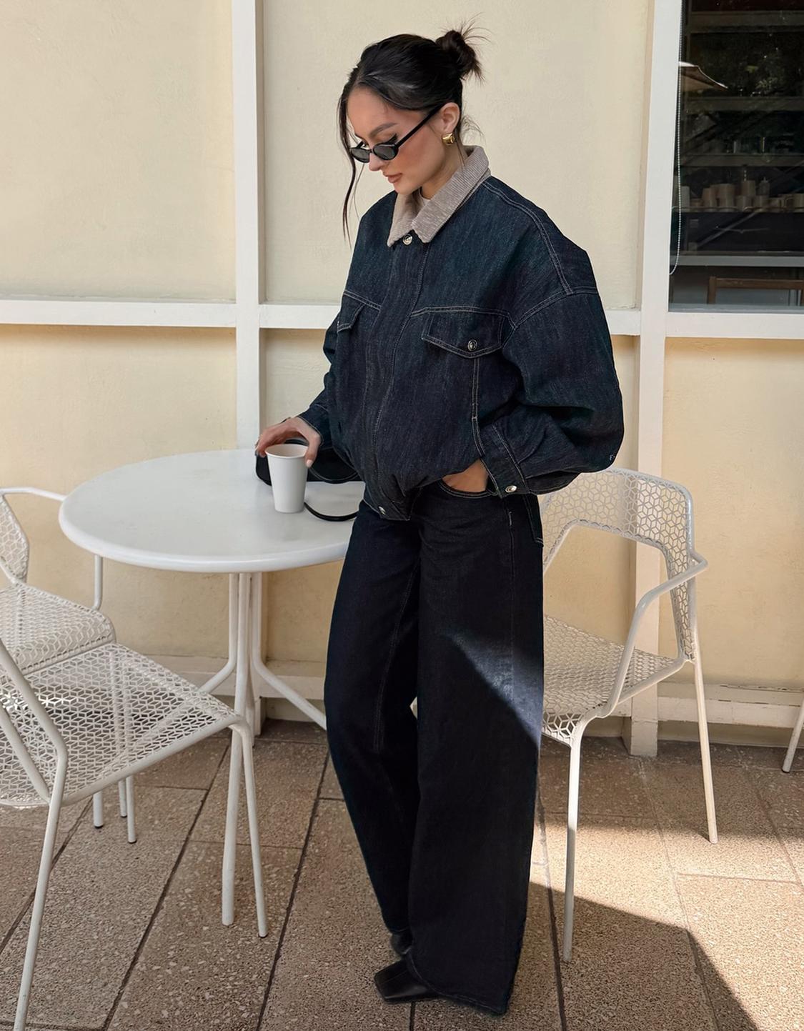 Oversize denim jacket with contrast collar