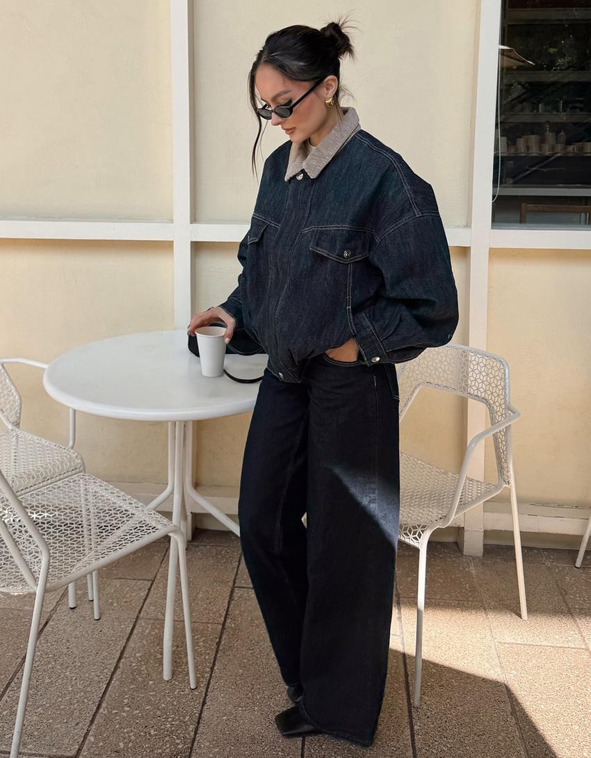 Oversize denim jacket with contrast collar-Navy