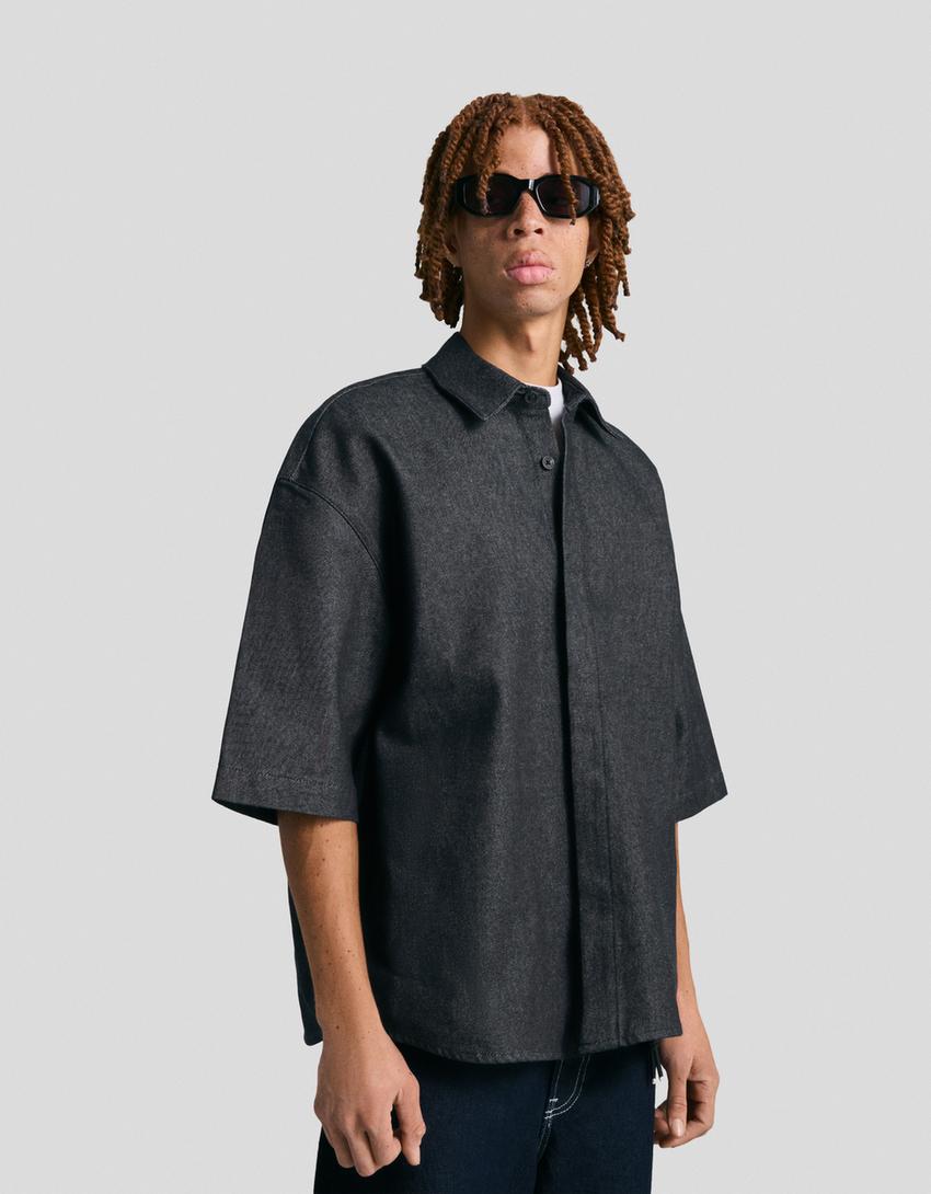 Short sleeve boxy fit shirt-Navy