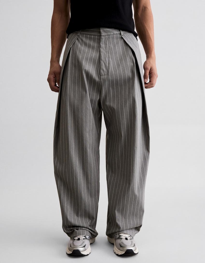 Double-pleat super baggy trousers-Grey