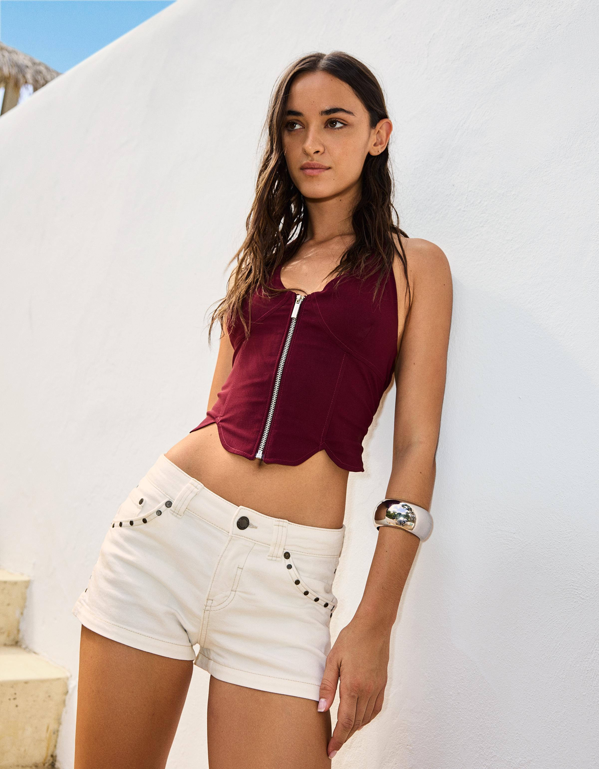 Bershka Top Aus Bengaline Mit Reißverschluss Damen L Granatrot