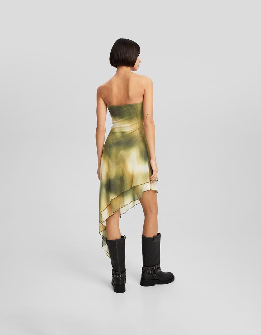 Asymmetric tie-dye print bandeau midi dress-Green-2